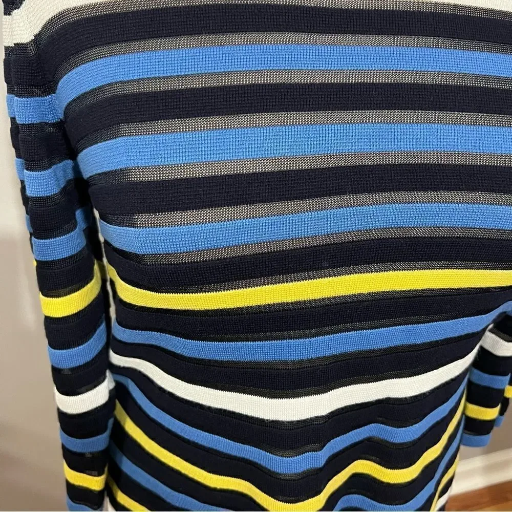 St. John Blue and Yellow Striped Knit Side Slit Sweater - L‎